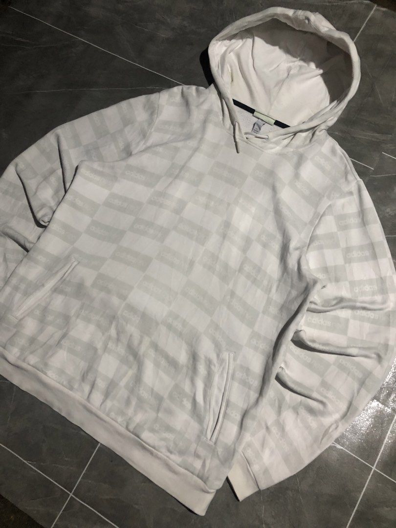 Adidas Neo aop white gray pull over hoodie (Category: Coats, Jackets and Outerwear) located in Manila. Submitted by buksthrifthing (Listing ID 1465434865, Image 3). Description: 23 by 28 large to semi xL No issue Excellent condition as new .