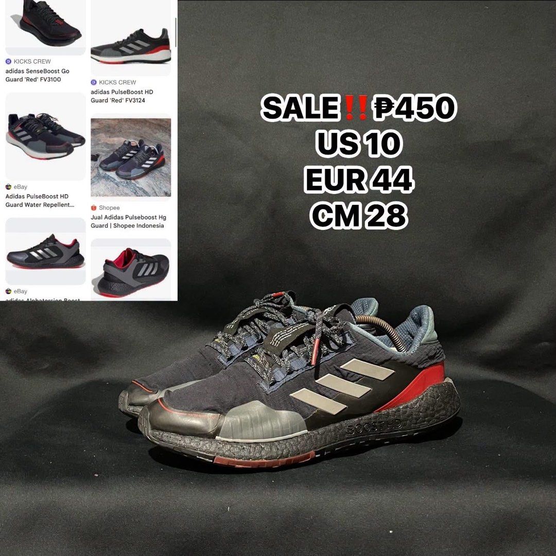 Adidas PulseBoost HD Guard Red Black Shoes (Category: Sneakers) located in Bulacan. Submitted by ogieeee (Listing ID 1465542218, Image 1). Description: - Brand: Adidas PulseBoost HD Guard - Colorway: Black and Red - Size: US 10 / EUR 44 / CM 28 - Water-repellent upper to keep feet dry - Distinctive Boost midsole for ultimate comfort - Unique 'GUARD' text branding on the heel counter - Outsole has great grip left - Condition: Moderate wear around 