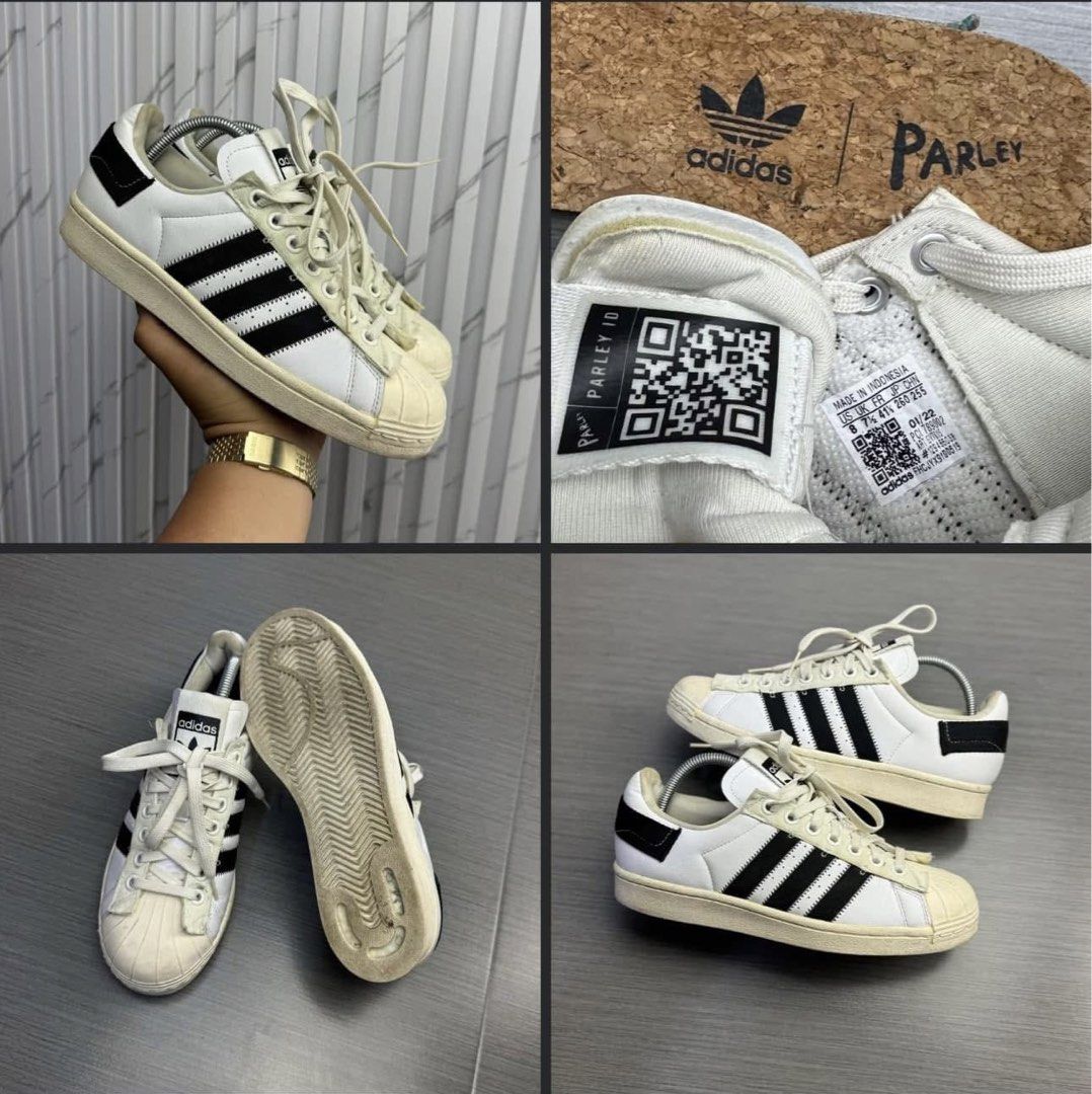 Adidas Superstar Parley White Black US 8 (Category: Sneakers) located in Caloocan City. Submitted by mzcollection_349 (Listing ID 1465418104, Image 1). Description: - Model: Adidas Superstar (Made with Parley Ocean Plastic) - Color: White with black three stripes and heel patch - Size: US 8 / UK 7.5 / EU 41.5 - Features: Classic shell toe and branded cork insole - Condition: Clean, soles show minor wear - Eco-friendly and stylish streetwear stapl