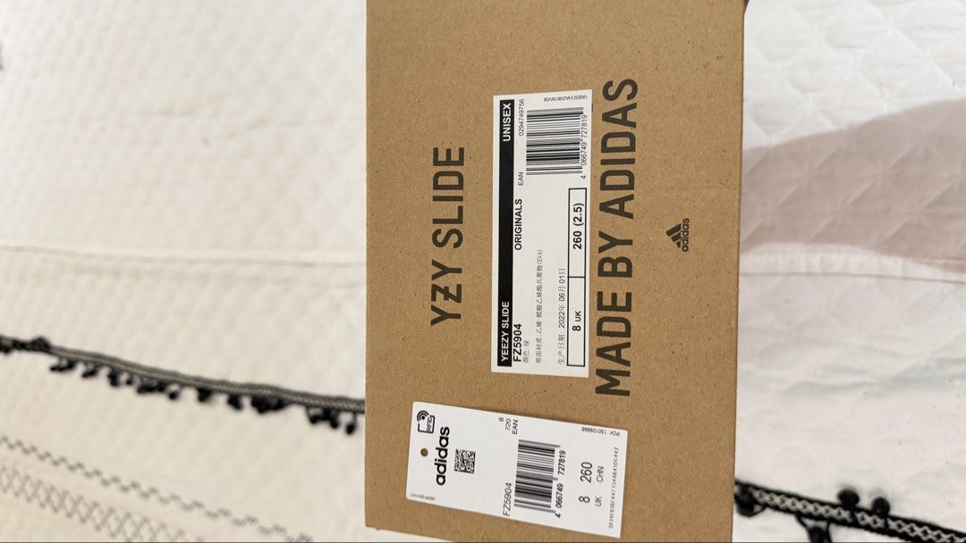 Adidas Yeezy Slide Resinch (Category: Slippers & Slides) located in Mandaluyong City. Submitted by lizbeth031274 (Listing ID 1465429057, Image 1). Description: - Brand: Adidas Yeezy Slides - Colorway: Resin - Size: UK 8 / US 8.5 / CHN 260 - Condition: Worn a few times, minimal wear on soles - Inclusions: Original box and authentic product tags attached - Features: Classic foam build with molded footbed and textured outsole.