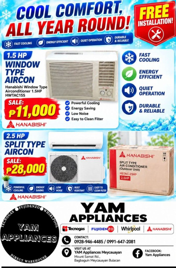 Aircon Hanabishi (Category: Air Conditioning and Heating) located in Caloocan City. Submitted by yam_appliances (Listing ID 1465558602, Image 1). Description: 1.5cubic window type 11k 2.5hp split type 28k FREE INSTALLATION Brandnew mallpullout with 3months warranty.
