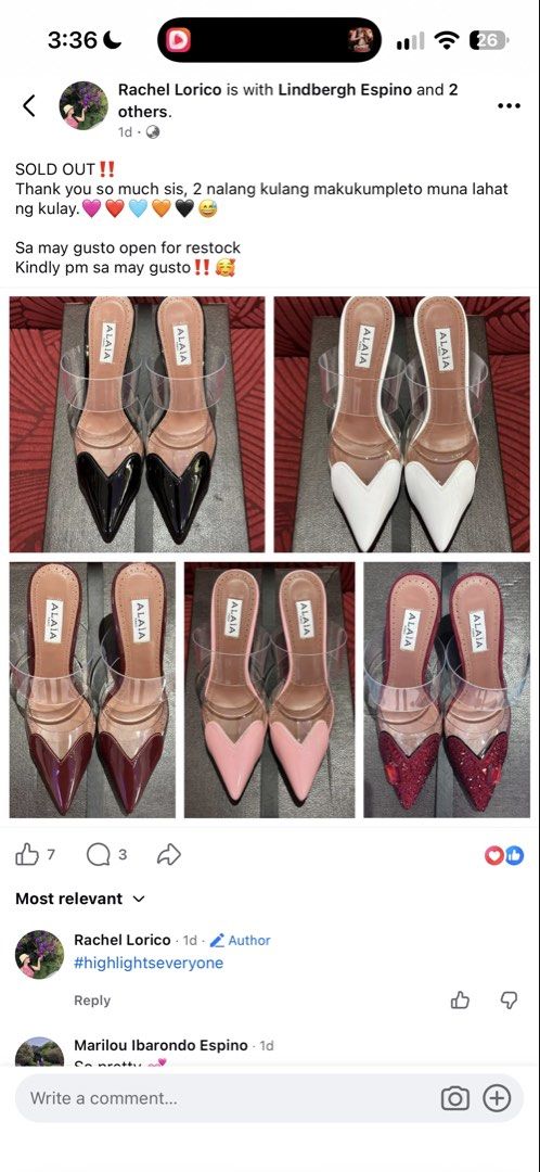 Alaia Paris Clear Strap Heart Toe Pointed Heels (Category: Heels) located in Manila. Submitted by chellorix133878 (Listing ID 1465477016, Image 1). Description: - Brand: Alaia Paris - Style: High heel mules with slip-on design - Features: Clear vinyl straps and unique heart-shaped pointed toe - Colors available: Black, white, burgundy, pink, and red glitter - Inclusions: Original box included - Condition: Brand new.