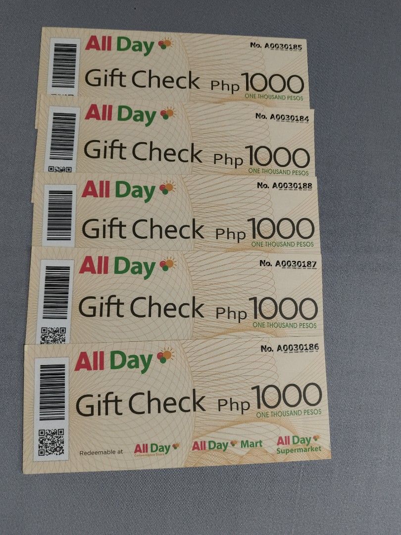All Day Gift Check Php 1000 5 Pieces (Category: Vouchers) located in Antipolo. Submitted by jarazote (Listing ID 1465545499, Image 1). Description: - Total Value: ₱5,000 (5 pieces of ₱1,000 gift checks) NO EXPIRY - Condition: Clean paper vouchers with visible serial numbers - Where to redeem: All Day Convenience Store, All Day Mart, and All Day Supermarket - Perfect for budgeting your groceries or as a thoughtful present - Guaranteed authentic an