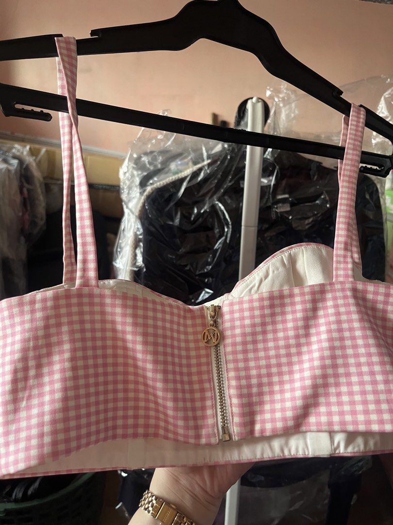 Amber x Meshki Pink gingham sleeveless top (Category: Others Tops) located in Manila. Submitted by justshop.ph (Listing ID 1465545904, Image 3). Description: bust 32-33 length 6in.