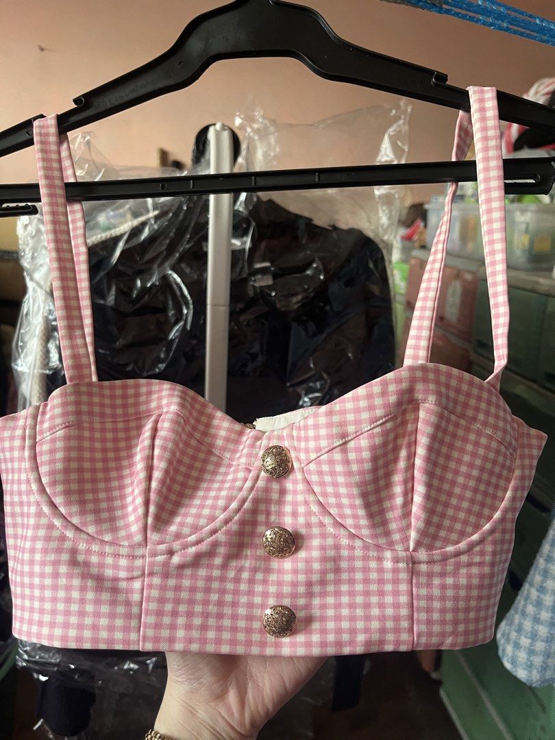 Amber x Meshki Pink gingham sleeveless top (Category: Others Tops) located in Manila. Submitted by justshop.ph (Listing ID 1465545904, Image 1). Description: bust 32-33 length 6in.
