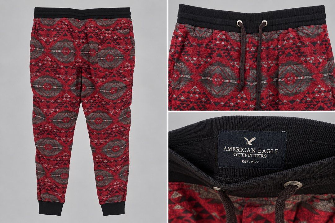 American Eagle Aztec Print Joggers (Red) (Category: Joggers) located in Manila. Submitted by socalkid (Listing ID 1465422412, Image 2). Description: American Eagle Aztec Print Joggers (Red) Lightweight comfort. Size: 18’ - waist (elastic waistband) 28’ - inseam ✅ Lightly used, no functional issue 🇺🇸 Bought in the US 💯% Authentic 💵 Price slightly negotiable 🛵 On-hand | Ready to ship ⚠️ Free shipping for purchases of two or more items.