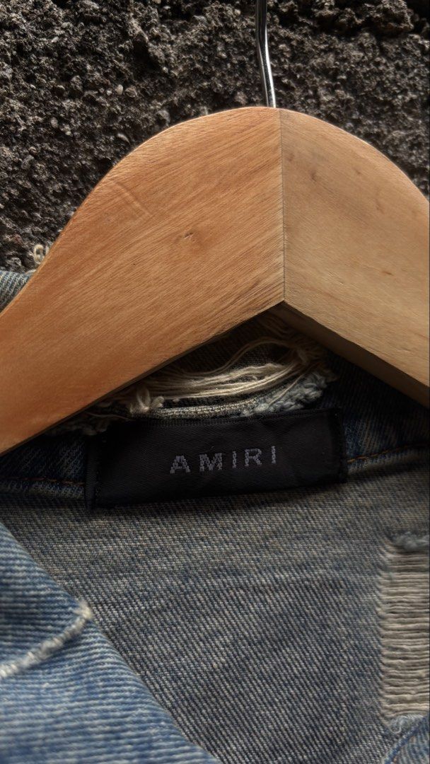 Amiri Palm Tree Print Destroyed Denim Trucker Jacket (Category: Luxury Apparel) located in Quezon City. Submitted by erodinamict (Listing ID 1465436115, Image 1). Description: Size:M-L Good Condition Color Rate: 9/10 dimes: 21x26.