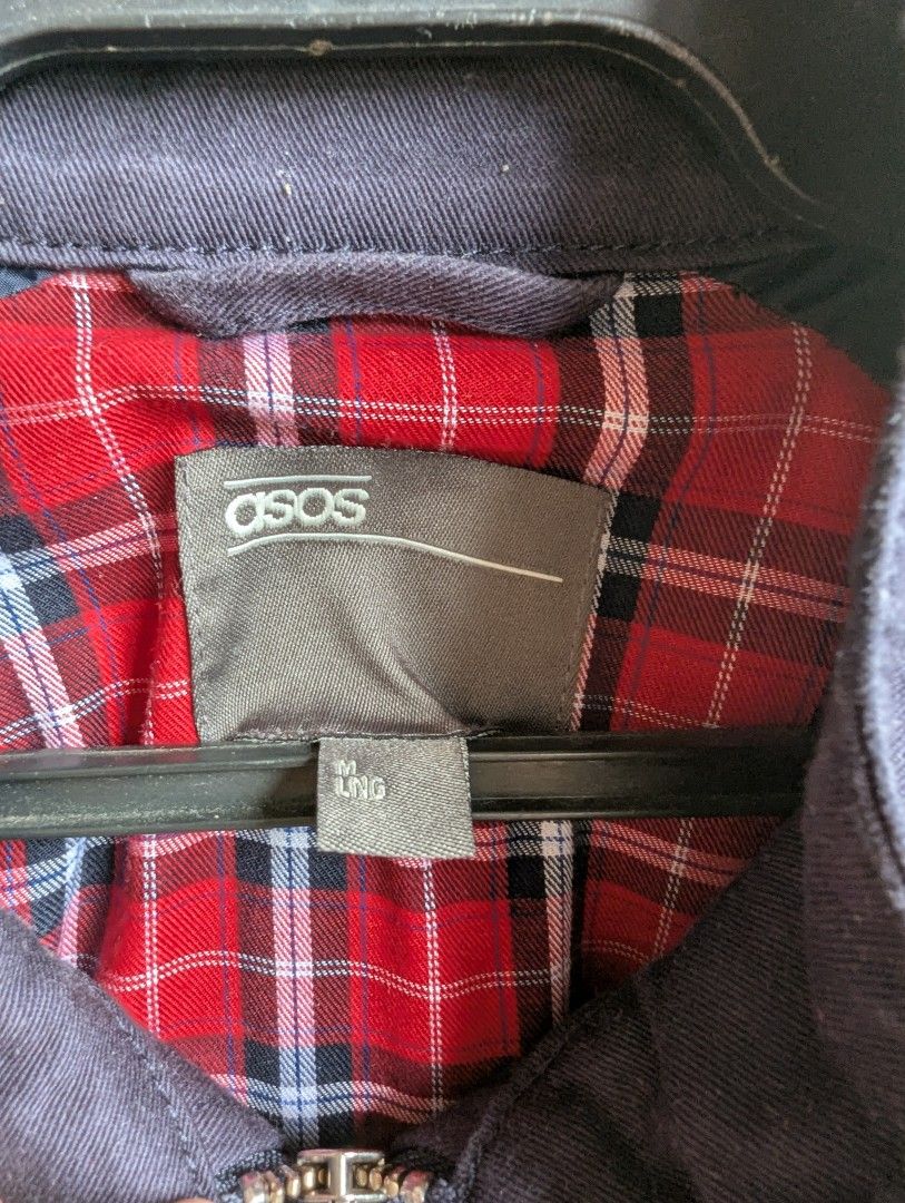 ASOS Navy Blue Plaid-Lined Harrington Jacket (Category: Coats, Jackets and Outerwear) located in Quezon City. Submitted by ragpicker (Listing ID 1465428193, Image 3). Description: Dark Navy Blue (Outer) / Red Plaid Tartan (Inner) Pre-owned in good, clean overall condition. 1500+sf.