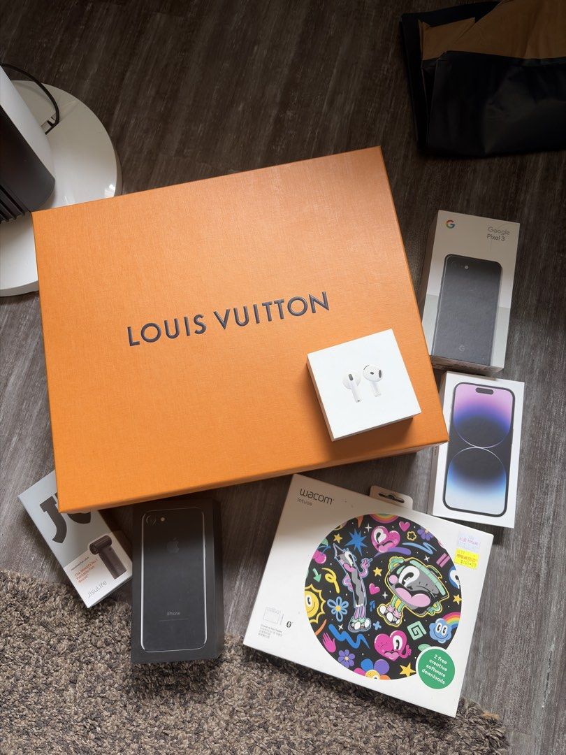 Assorted Empty Boxes (Category: Accessories) located in Singapore. Submitted by edrymmm (Listing ID 1465431524, Image 1). Description: QYOP Louis Vuitton LV, iPhone, Airpods, Wacom, Google Pixel.