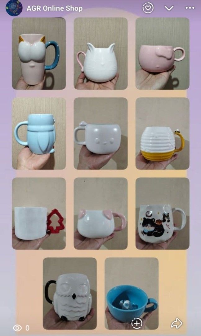 Assorted Mugs Collection (Category: Coffee & Tea Tableware) located in Caloocan City. Submitted by agr_shop (Listing ID 1465476613, Image 1). Description: - Adorable animal-shaped ceramic mugs (Cats, Owls, Penguins) - Available in charming colors: Pink, Blue, White, and Yellow - Unique quirky handles featuring cute tree and bee details - Perfect capacity for coffee, tea, or hot chocolate.