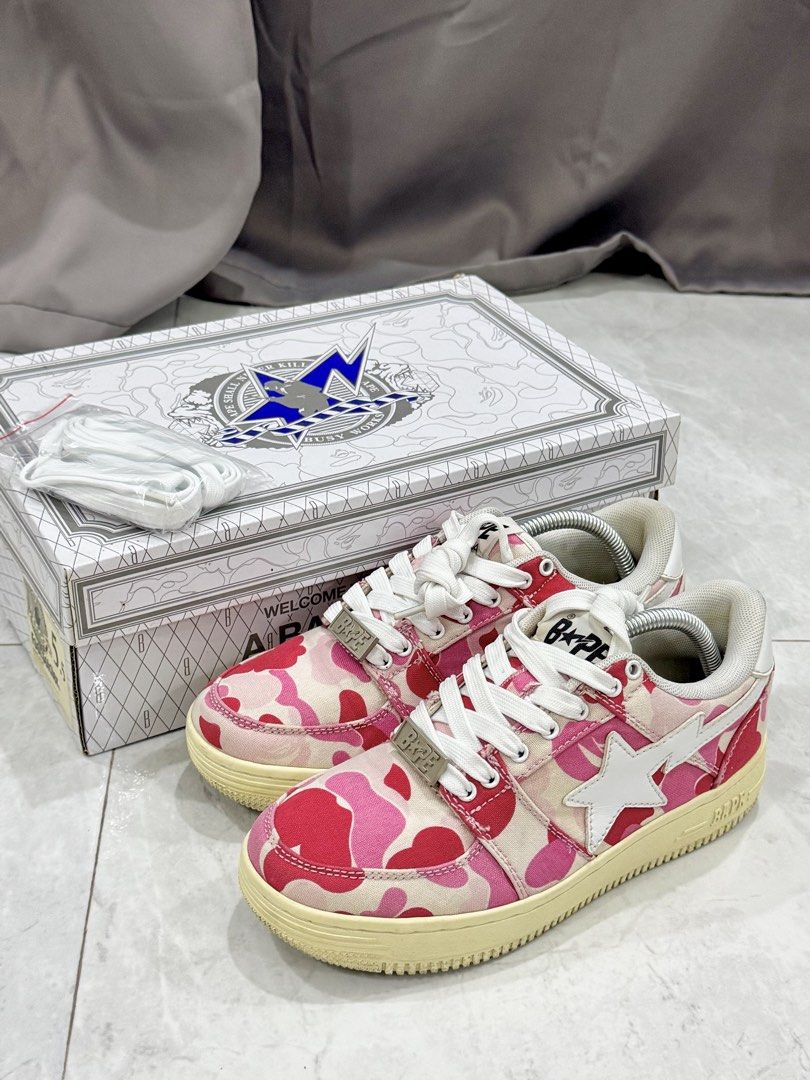 Authentic Bathing Ape x Bape sta Low Pink ABC Camo (Category: Sneakers) located in Cavite. Submitted by nabi__00 (Listing ID 1465503677, Image 2). Description: 💯 Authentic Money back if proven fake Bought at 32k at south korea PRODUCT INFORMATION MODEL NO: 1G30-191-001 RELEASE DATE: 2022-09-20 SERIES: Bape Sta NICKNAME: Pink ABC Camo COLOR WAY: Pink/Red/White Product details provided by: KICKS CREW .