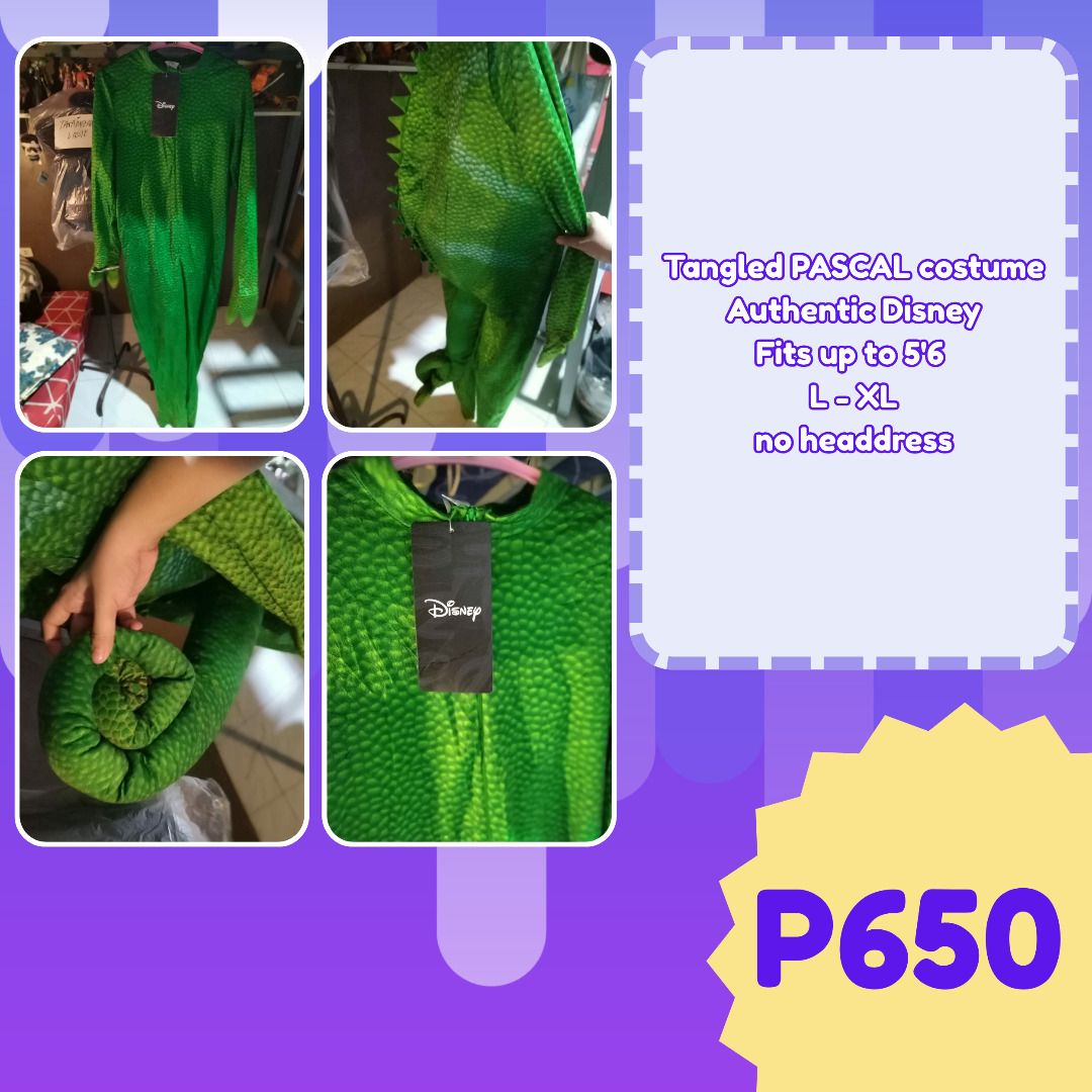 Authentic Disney Tangled Pascal Costume L-XL (Category: Character Goods) located in Calamba. Submitted by yumiyowww (Listing ID 1465549150, Image 1). Description: - Authentic Disney Tangled Pascal costume - Size: Large to Extra Large (fits heights up to 5'6") - Material: Textured green fabric with attached tail detail - Condition: Brand new with tags still attached - Note: Headdress is not included.