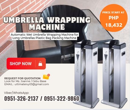 Automatic Wet Umbrella Wrapping Machine for Long Umbrellas Plastic Bag Packing Machine UMBRELLA BAG MACHINE Model J-23F (Category: Everything Else Others) located in Caloocan City. Submitted by ultimatekh80569 (Listing ID 1465406607, Image 1). Description: material: top:PP, body: 410SUS accessory: with 100pcs long umbrella bag item size: 325*270*880mm" ✅ 100% LEGIT TRUSTED SUPPLIER! ✅ With Complete Legal Documents ✅ BIR Registered 📝Please note: 
