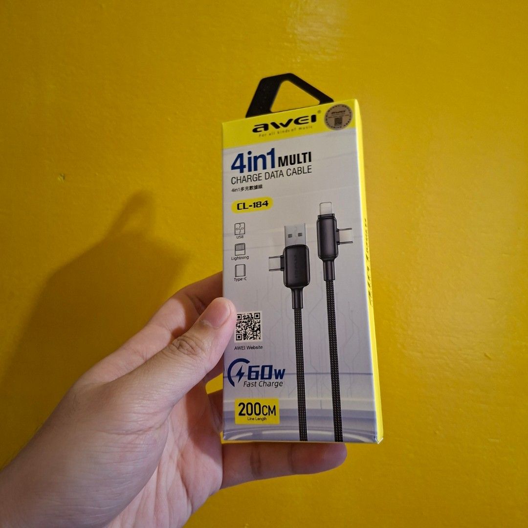 Awei 4 in 1 usb type c type a apple lighting cable (Category: Craft Supplies & Tools) located in Pasig City. Submitted by last_price_posted (Listing ID 1465481139, Image 2). Description: .