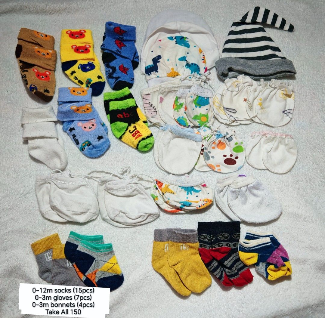 Baby socks gloves and bonnets bundle set (Category: Babies & Kids Fashion) located in Quezon City. Submitted by maypamor (Listing ID 1465460678, Image 1). Description: - Bundle includes 15 pairs of socks (0-12 months), 7 pairs of gloves (0-3 months), and 4 bonnets (0-3 months) - Assorted cute colors and patterns included (as pictured) - Soft, comfortable, and essential everyday wear for newborns and infants - Great value bundle to stock up on bab