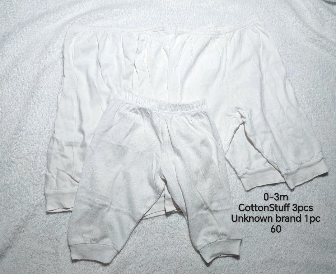 Baby White Pants Bundle CottonStuff 0-3m (Category: Babies & Kids Fashion) located in Quezon City. Submitted by maypamor (Listing ID 1465465309, Image 1). Description: - Bundle of 4 comfortable white baby pants - Size: 0-3 months - Brand breakdown: 3 pieces from CottonStuff, 1 unbranded - Made with soft, breathable cotton fabric - Features a stretchy elastic waistband and ribbed ankle cuffs - Perfect everyday basic wear for newborns and infants -