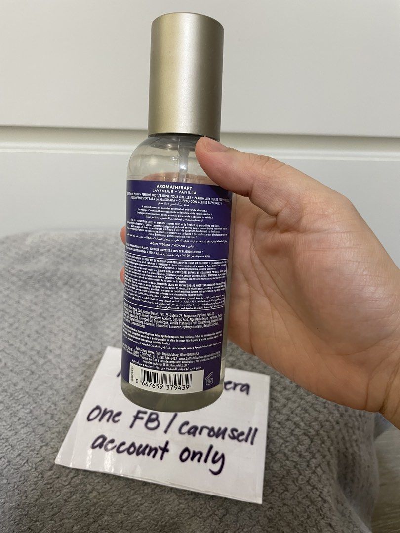 BBW AROMATHERAPY LAVENDER VANILLA OIL PERFUME MIST (Category: Fragrance & Deodorants) located in Paranaque City. Submitted by maemae30 (Listing ID 1465523901, Image 2). Description: For Sale: Bath & Body Works Aromatherapy Lavender + Vanilla Oil Pillow + Perfume Mist Juice Level: 60% Rfs:decluttering Price: 400 fixed Location: paranaque Ship: via lalamove, jnt or pick up Mop: via gcash, bpi.