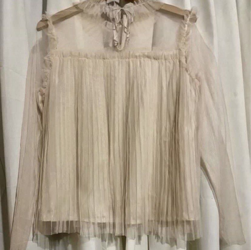 Beige Ruffled Pleated Semi- Sheer Tulle Top (Category: Blouses) located in Caloocan City. Submitted by declutteringph. (Listing ID 1465529591, Image 3). Description: No Size on the tag! Measurements: Dimensions: (inches) Shoulder Width:16” Bust Width: 20” Body Length: 23” Sleeves Length: 25”.