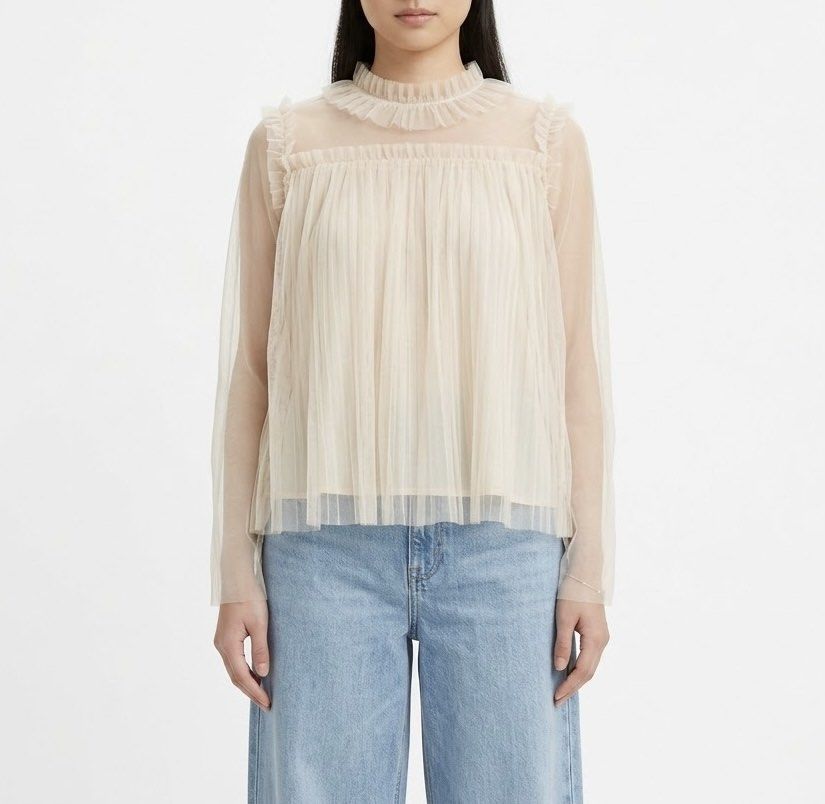 Beige Ruffled Pleated Semi- Sheer Tulle Top (Category: Blouses) located in Caloocan City. Submitted by declutteringph. (Listing ID 1465529591, Image 1). Description: No Size on the tag! Measurements: Dimensions: (inches) Shoulder Width:16” Bust Width: 20” Body Length: 23” Sleeves Length: 25”.