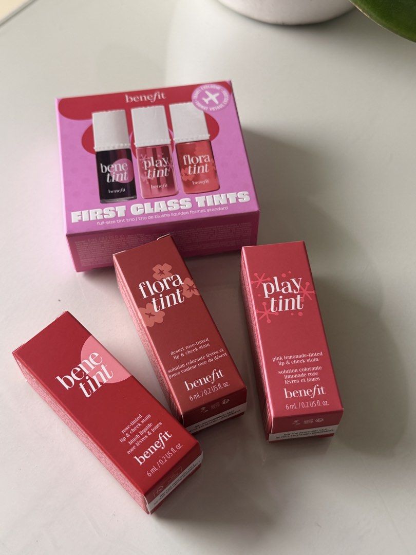 Benefit First Class Tints Trio Makeup Set (Category: Makeup) located in Pasig City. Submitted by luxeonline.btq (Listing ID 1465491099, Image 3). Description: - Benefit First Class Tints Set - Includes 3 full-size tints: Benetint, Playtint, and Floratint (6 ml / 0.2 US fl oz each) - Brand new and completely unused - 100% authentic and ready to ship.
