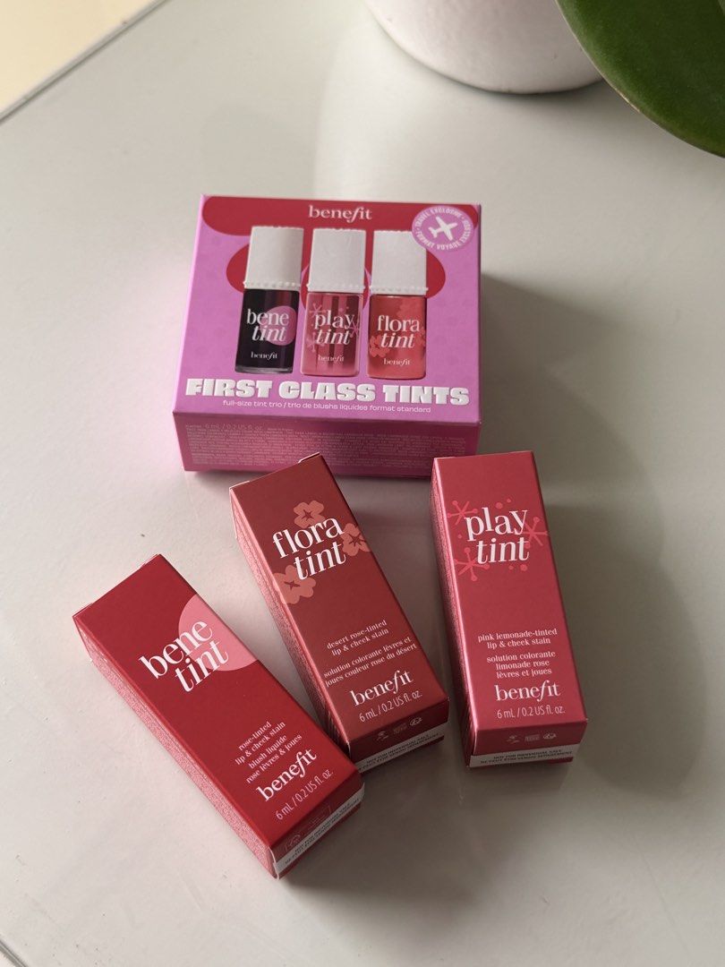 Benefit First Class Tints Trio Makeup Set (Category: Makeup) located in Pasig City. Submitted by luxeonline.btq (Listing ID 1465491099, Image 2). Description: - Benefit First Class Tints Set - Includes 3 full-size tints: Benetint, Playtint, and Floratint (6 ml / 0.2 US fl oz each) - Brand new and completely unused - 100% authentic and ready to ship.