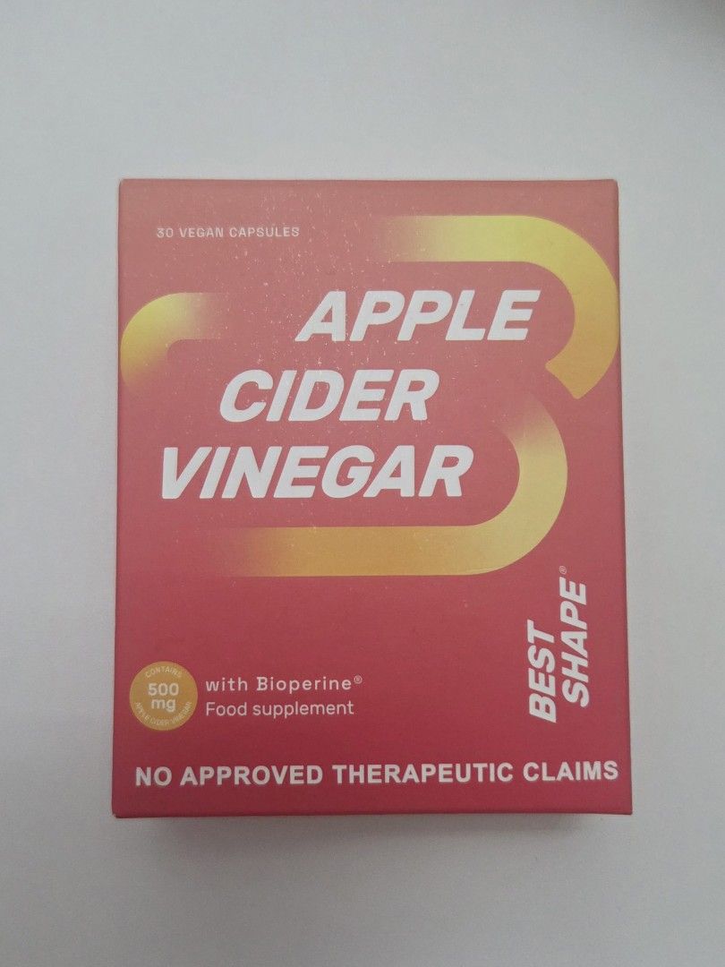 Best Shape Apple Cider Vinegar Vegan Capsules (Category: Health Food, Drinks & Tonics) located in Quezon City. Submitted by happytummynmore (Listing ID 1465571817, Image 1). Description: - Product: Best Shape Apple Cider Vinegar Food Supplement - Contents: 1 box contains 30 vegan capsules (500 mg per capsule with Bioperine) - Packaging: Red and yellow box - Condition: Brand new, unopened, and 100% authentic - Perfect addition to your daily wellne