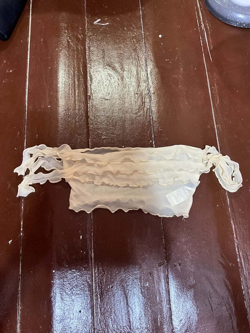 BEIGE MESH SWIMSUIT COVER UP (Category: Others Tops) located in Manila. Submitted by zesshian (Listing ID 1465502280, Image 1). Description: -used once -shein -swimsuit cover up -offshoulder cover up -xs-m -pm for ww.