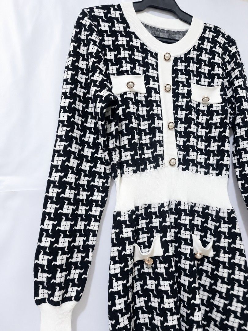 Black & white houndstooth Knit Midi Dress (Category: Dresses) located in Manila. Submitted by preloved.ajdj (Listing ID 1465472910, Image 3). Description: - Can fit Small-Medium - Style: Black and white houndstooth midi sweater dress - Design: Crew neck, long sleeves, and front button placket with pearl-style buttons - High Quality Knit Fabric, Complete Buttons - Like new, no issues, no flaw.