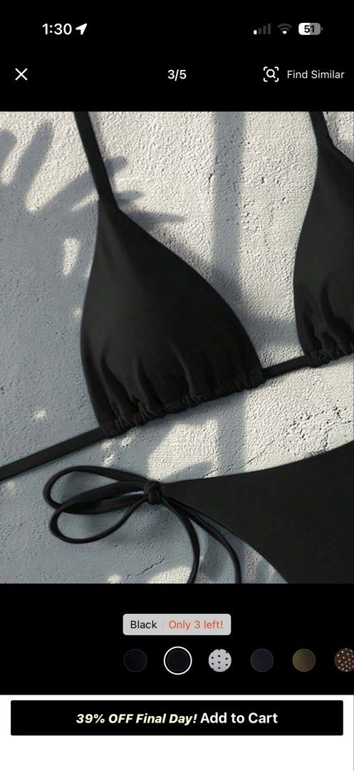 Black Triangle String Bikini Set (Category: Bikinis & Swimsuits) located in Kuala Lumpur. Submitted by charissachiew (Listing ID 1465546423, Image 3). Description: - Style: Classic two-piece bikini set - Color: Solid black - Top: Triangle cut with adjustable halter neck ties and under-bust band - Bottoms: Low-rise with side ties for a customizable fit - Condition: Brand new - Perfect for: Beach days, pool parties, and vacations.