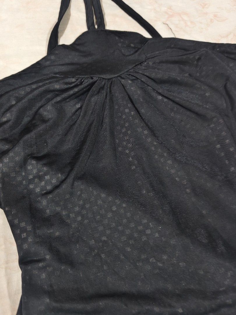 black y2k halter style silk satin geometric pattern top (Category: Sleeveless) located in Bulacan. Submitted by angel.decluttersx (Listing ID 1465571595, Image 2). Description: s-m garterized sa likod no issue silk satin fabric material.