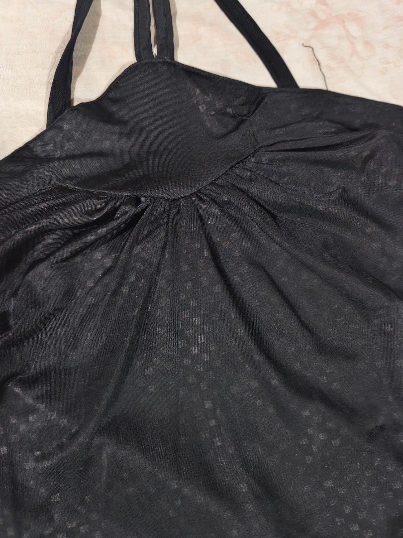 black y2k halter style silk satin geometric pattern top (Category: Sleeveless) located in Bulacan. Submitted by angel.decluttersx (Listing ID 1465571595, Image 3). Description: s-m garterized sa likod no issue silk satin fabric material.