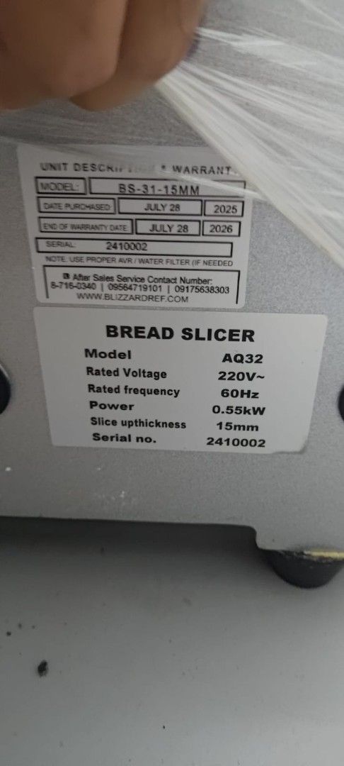 Blizzard Bread Slicer AQ32 BS-31-15MM (Category: Ovens & Toasters) located in Makati City. Submitted by criamarie (Listing ID 1465409599, Image 3). Description: - Brand: Blizzard Bread Slicer - Model: AQ32 (Serial No: 2410002) - Slice Thickness: 15mm - Power Rating: 0.55kW, 220V, 60Hz (Heavy Duty) - Condition: Brand new never used, still wrapped in plastic wrap and factory protective film - Bought July 28, 2025 - Inclusions: Original sticker labe