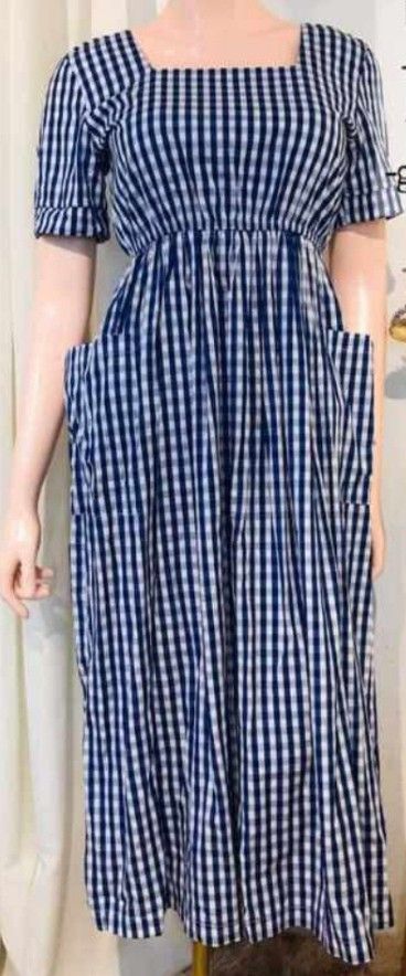 Blue white gingham check midi dress with side pockets (Category: Dresses) located in Las Pinas. Submitted by hmq43 (Listing ID 1465408710, Image 1). Description: Blue and white gingham check dress, midi length. Square neckline with short sleeves. Fitted bodice and flared skirt with side pockets. Garterized and zipper back for a comfortable fit. Bust measures 36 inches. .
