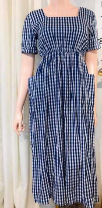 Blue white gingham check midi dress with side pockets (Category: Dresses) located in Las Pinas. Submitted by hmq43 (Listing ID 1465408710, Image 3). Description: Blue and white gingham check dress, midi length. Square neckline with short sleeves. Fitted bodice and flared skirt with side pockets. Garterized and zipper back for a comfortable fit. Bust measures 36 inches. .