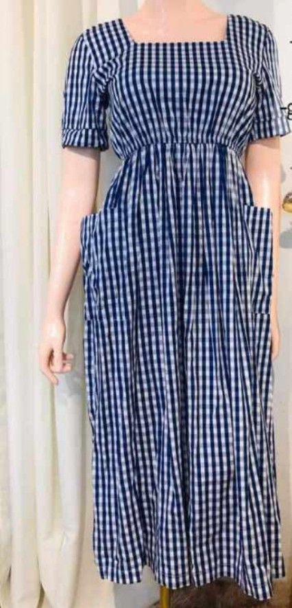 Blue white gingham check midi dress with side pockets (Category: Dresses) located in Las Pinas. Submitted by hmq43 (Listing ID 1465408710, Image 2). Description: Blue and white gingham check dress, midi length. Square neckline with short sleeves. Fitted bodice and flared skirt with side pockets. Garterized and zipper back for a comfortable fit. Bust measures 36 inches. .