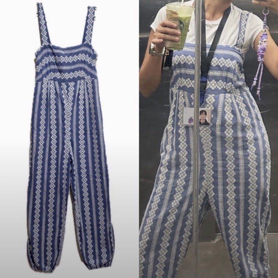Blue White Pattern Sleeveless Jumpsuit Overalls Romper (Category: Jumpsuits) located in Manila. Submitted by kksantos0220983 (Listing ID 1465539429, Image 1). Description: - Style: Sleeveless jumpsuit with wide straps and square neckline - Design: Blue and white pattern with a relaxed fit and tapered, gathered ankles - Condition: Worn once for a mirror selfie, basically untouched and like new - Comfort: Easy to slip on and perfect for effortless 