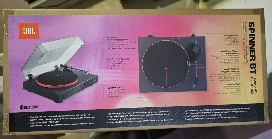 Brand New JBL Spinner BT (Category: Other Audio Equipment) located in Manila. Submitted by kmac1047 (Listing ID 1465392092, Image 2). Description: General Specifications Type Turntable Plinth Materials Black finished MDF Platter Materials Die-cast Aluminum Tonearm Materials Aluminum Tonearm Features Removeable Head Shell, Adjustable Counterweight, Adjustable Anti-skate Cartridge supplied Audio Technica AT3600L Replacement Stylus Audio Technica AT