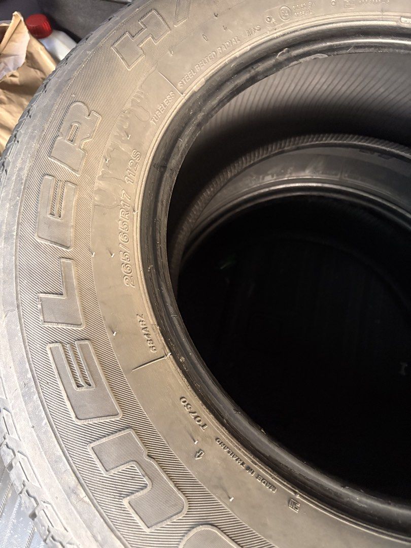Bridgestone Dueler H/T 2018 70% Tread (Category: Mags and Tires) located in Las Pinas. Submitted by travpm (Listing ID 1465426053, Image 2). Description: Used Bridgestone Dueler H/T tires, 2018 production. Selling cheap for quick disposal. Best used as spare/emergency tires only due to age and remaining tread condition (about. 70%. Size: 265/65R17 112S Quantity: 2 pcs Price: ₱1,200 for both Slightly negotiable for sure buyer. Condition is exactly