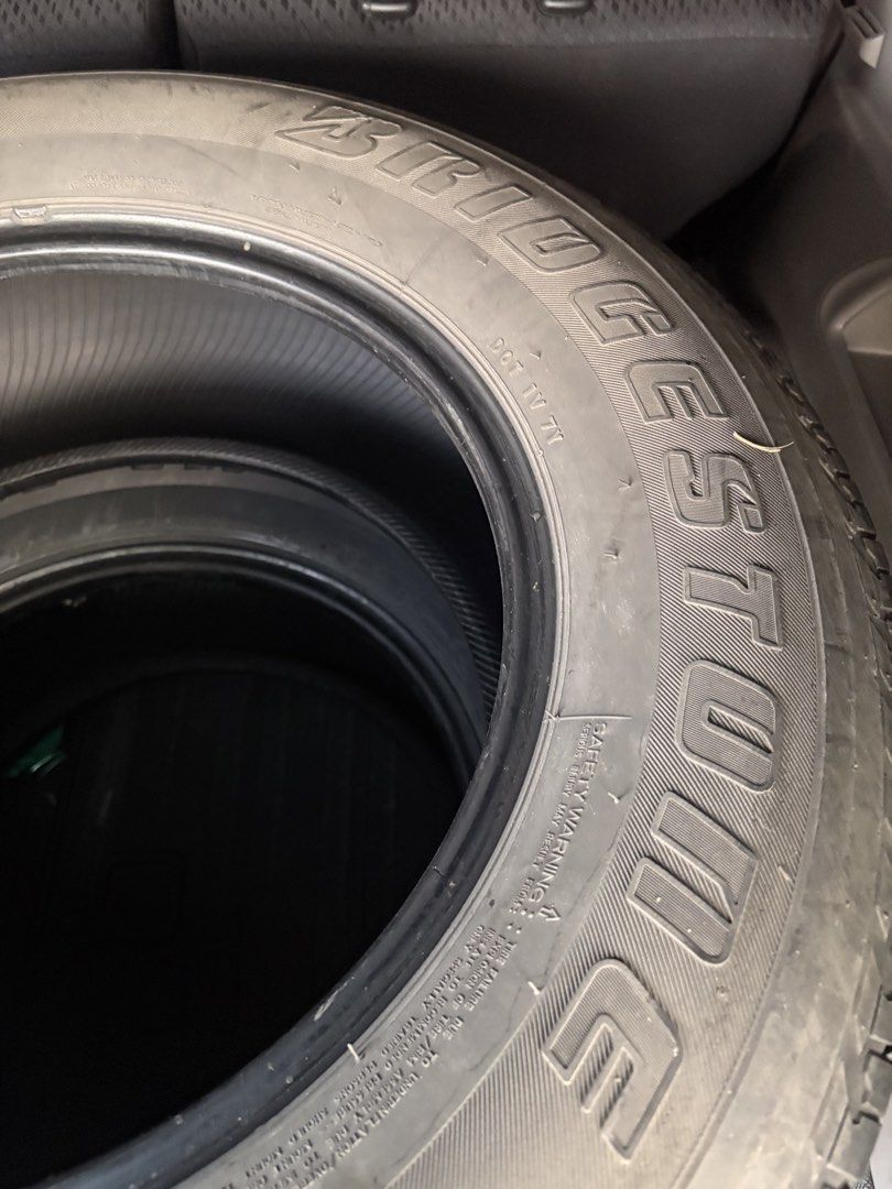 Bridgestone Dueler H/T 2018 70% Tread (Category: Mags and Tires) located in Las Pinas. Submitted by travpm (Listing ID 1465426053, Image 1). Description: Used Bridgestone Dueler H/T tires, 2018 production. Selling cheap for quick disposal. Best used as spare/emergency tires only due to age and remaining tread condition (about. 70%. Size: 265/65R17 112S Quantity: 2 pcs Price: ₱1,200 for both Slightly negotiable for sure buyer. Condition is exactly