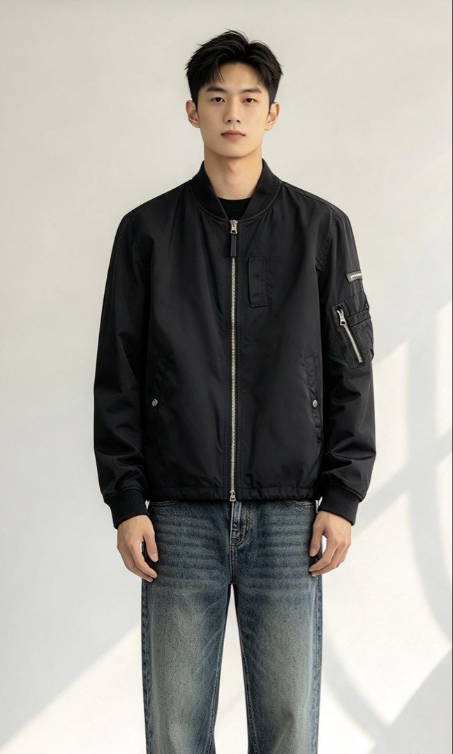 Burberry Brit Black Bomber Jacket (Category: Coats, Jackets and Outerwear) located in Paranaque City. Submitted by preluxeshop_ph (Listing ID 1465551517, Image 1). Description: Burberry Brit Black Bomber Jacket - Color: Solid black - Size: 170/88A - Material: Lightweight polyester and nylon - Design: Full zip front, ribbed collar and cuffs, left sleeve zipper pocket - Detail: Classic Burberry check pattern inner lining.