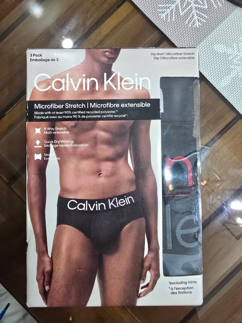 Calvin Klein Microfiber Stretch Hip Brief 3-Pack XL (Category: Underwear) located in Marikina City. Submitted by kjstagramanahan (Listing ID 1465391569, Image 1). Description: AUTHENTIC - ORIGINAL - LEGIT!!! Brand: Calvin Klein Item: Hip Briefs 3-Pack Set Size: XL Condition: BRAND NEW bought in SG last August, 100% unopened box Material: Microfiber stretch (90%+ certified recycled polyester) Features: 4-way stretch, quick-dry, and moisture-wickin