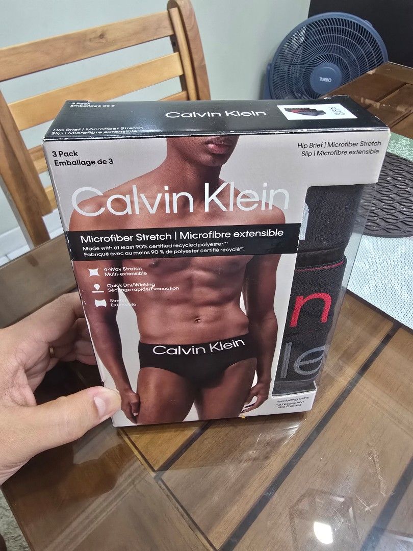 Calvin Klein Microfiber Stretch Hip Brief 3-Pack XL (Category: Underwear) located in Marikina City. Submitted by kjstagramanahan (Listing ID 1465391569, Image 2). Description: AUTHENTIC - ORIGINAL - LEGIT!!! Brand: Calvin Klein Item: Hip Briefs 3-Pack Set Size: XL Condition: BRAND NEW bought in SG last August, 100% unopened box Material: Microfiber stretch (90%+ certified recycled polyester) Features: 4-way stretch, quick-dry, and moisture-wickin
