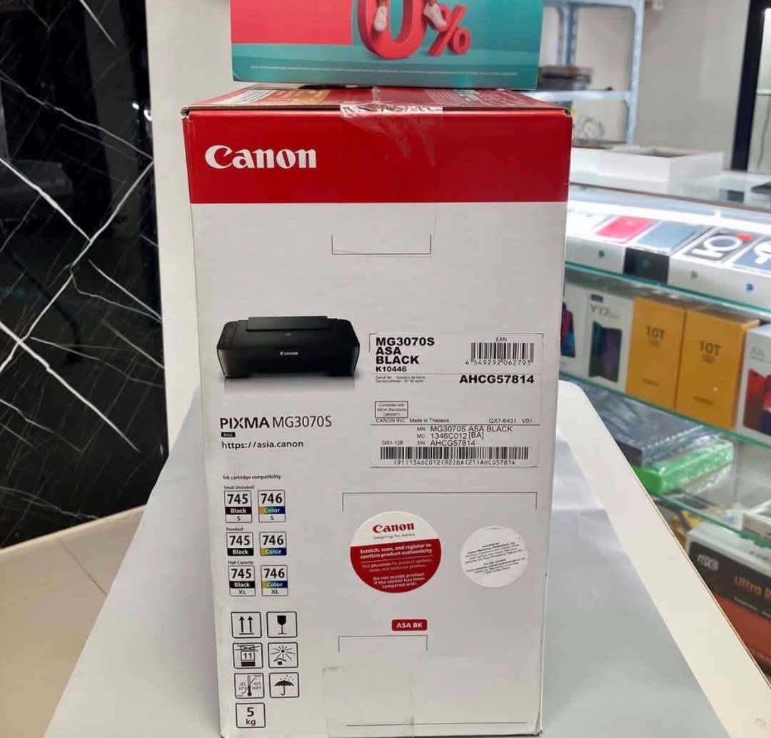 Canon PIXMA MG3070S Wireless All-In-One Printer (Category: Printers, Scanners & Copiers) located in Lubao. Submitted by silentturtle_5f8fa7 (Listing ID 1465560266, Image 3). Description: - Brand new and unopened Canon PIXMA MG3070S Wireless All-in-One Printer (Black) - Functions: Print, copy, and scan wirelessly from mobile devices and computers - Ink: Uses budget-friendly PG-745 and CL-746 cartridges - In the box: Setup ink cartridges, power cor
