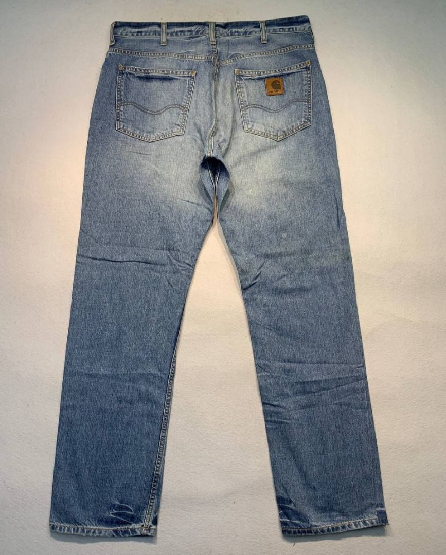 Carhartt Denim Original Straight Fit Pants (Category: Jeans) located in Mandaluyong City. Submitted by theroom501 (Listing ID 1465420719, Image 1). Description: Carhartt Denim Original Straight Fit Pants Style Code: Size on Tag: 36 Color: Blue Condition: Good pre-owned condition with a heavily distressed vintage look. Flaws/Issues: Heavy distressing throughout the fabric faded paint stain. Flat Lay Measurements: Pit to Pit: 36 inches Length: 43 i