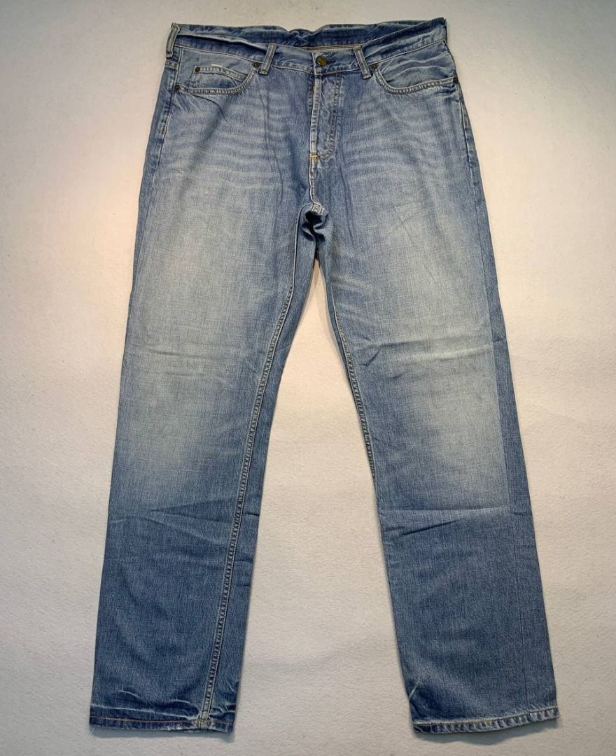 Carhartt Denim Original Straight Fit Pants (Category: Jeans) located in Mandaluyong City. Submitted by theroom501 (Listing ID 1465420719, Image 2). Description: Carhartt Denim Original Straight Fit Pants Style Code: Size on Tag: 36 Color: Blue Condition: Good pre-owned condition with a heavily distressed vintage look. Flaws/Issues: Heavy distressing throughout the fabric faded paint stain. Flat Lay Measurements: Pit to Pit: 36 inches Length: 43 i