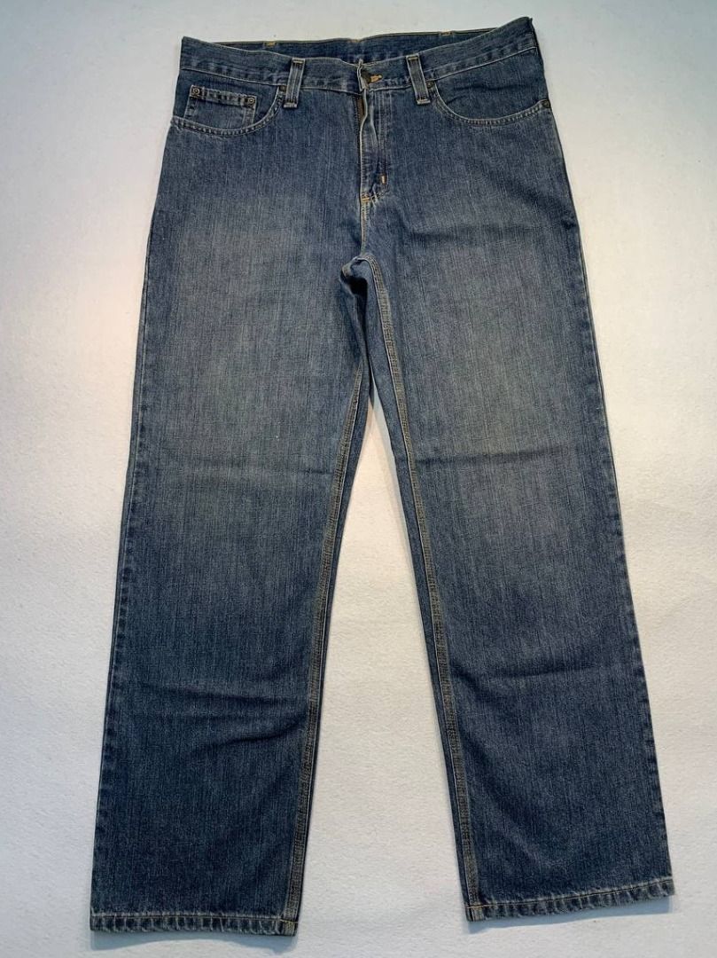 Carhartt Original Relaxed Fit Pants (Category: Jeans) located in Mandaluyong City. Submitted by theroom501 (Listing ID 1465414726, Image 2). Description: Carhartt Original Relaxed Fit Pants Style Code: 101483968 Size on Tag: 34 Color: Blue Condition: Good pre-owned condition with a heavily distressed vintage look. Flaws/Issues: None Flat Lay Measurements: Pit to Pit: 34 inches Length: 40 inches Leegopening Length: 8.5 inches Price: 2,000.