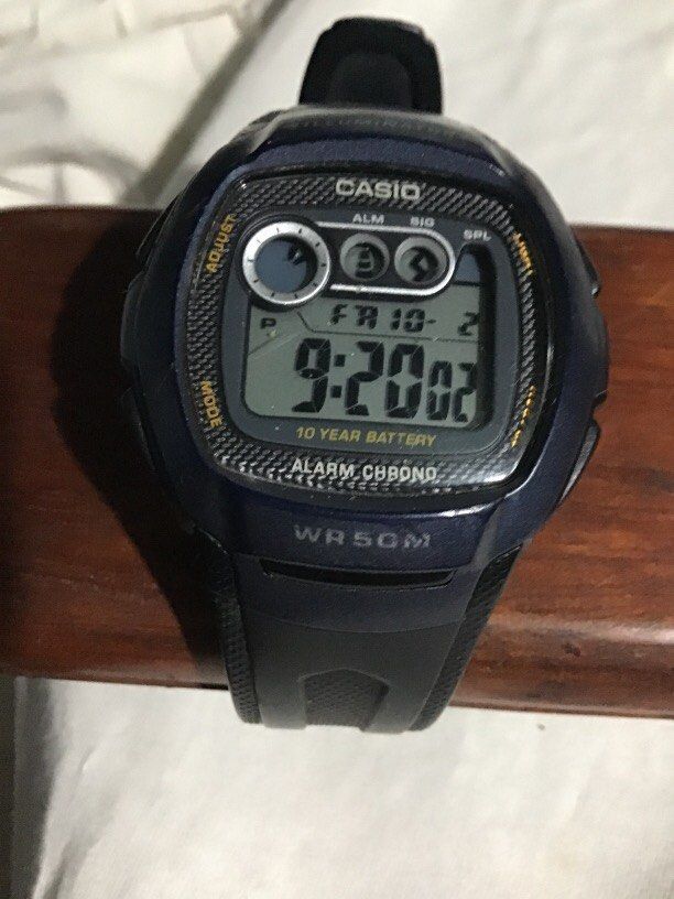 Casio W-210 original (Category: Men's Watches) located in Baguio. Submitted by agozun61 (Listing ID 1465500091, Image 2). Description: Casio W-210 digital wrist watch featuring a tonneau shaped resin case and triple eye indicator display on the top of the dial..