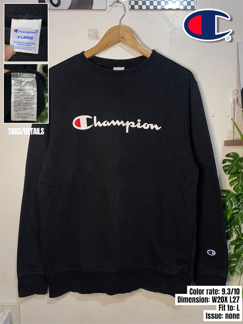 Champion Black Script Logo Sweatshirt X-Large (Category: Coats, Jackets and Outerwear) located in Cabagan. Submitted by blessingma81004 (Listing ID 1465429277, Image 1). Description: - Brand: Champion (Model: C3-Q002) - Color: Black with white/red script logo - Size: Tagged XL, fits closer to a Large - Details: Small embroidered Champion patch on left sleeve, ribbed cuffs and hem - Material: Comfortable cotton body - Origin: Made in Cambodia - Co