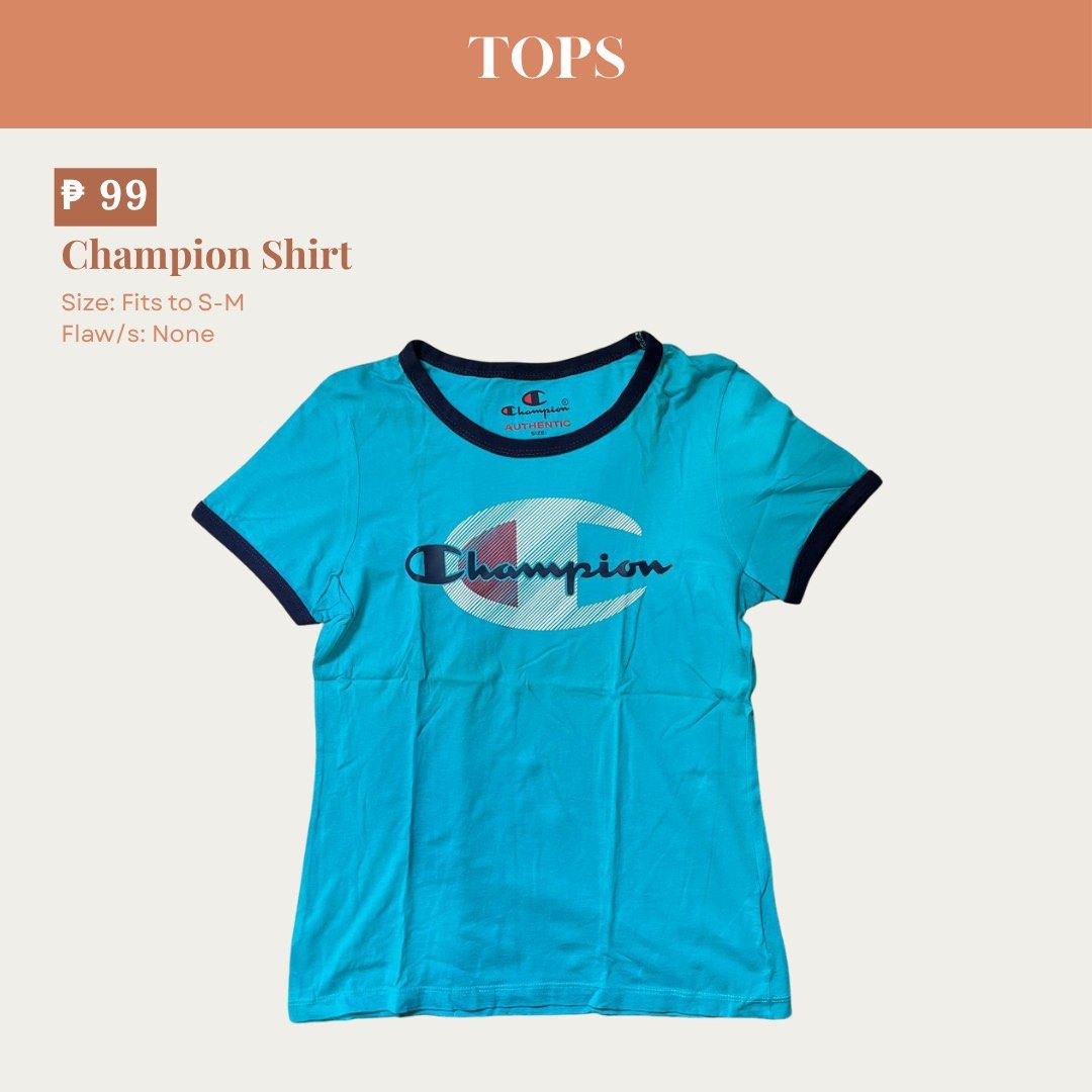 Champion Blue Ringer Shirt (Category: Shirts) located in Manila. Submitted by preloveddorangecloset (Listing ID 1465444507, Image 1). Description: - Brand: Champion - Color: Bright blue with dark blue ringer collar and cuffs - Design: Big graphic logo printed across the chest - Fit: Comfortable for small to medium frames.