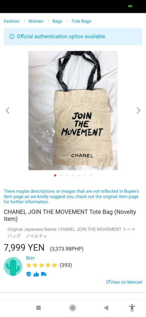 CHANEL Join The Movement Tote Bag (Category: Tote Bags) located in Imus. Submitted by ryanneakiko (Listing ID 1465441096, Image 3). Description: 📌1,895 + shipping CHA,NEL JOIN THE MOVEMENT (novelty bag )used 🇯🇵SOURCE: JAPAN SURPLUS bawal Po sa maselan minimal sign of used mine now pay later no reservations 1st to pay basis , una mkakabayad kanyA COURIER ↙️ 📌COD : SF only via SPX COURIER 📌FLASH EXPRESS: NO COD/NO.COP 📌LALAMOVE loc IMUS CAVIT